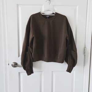 Express Dark Olive Green Rouched Long Sleeve Crew Neck Sweater M